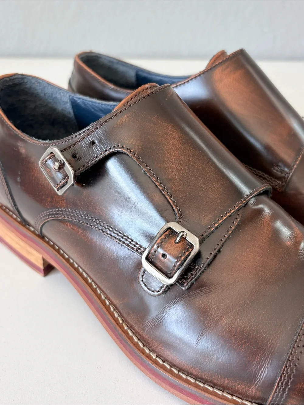 Johnston & Murphy Italy Brown Leather Double Monk Cap Toe Dress Shoes Men Sz 8.5